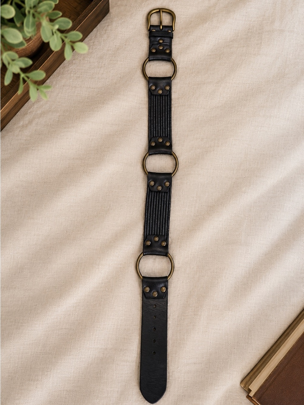 Genuine Leather Black Wide Belt Solid Brass Buckle Size S
